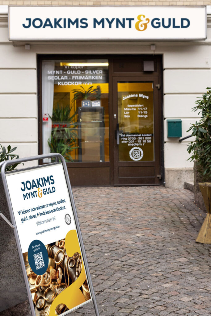 Huvudentrén till Joakims mynt och guld i Göteborg och Linnégatan 52